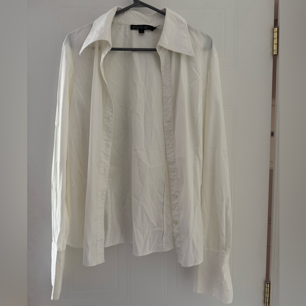 Lafayette 148 New York White Button Down Shirt size 10 cotton